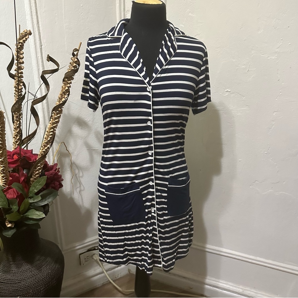Misakia Women Loose Short Sleeve Lace V-Neck Stripe Printed Dress